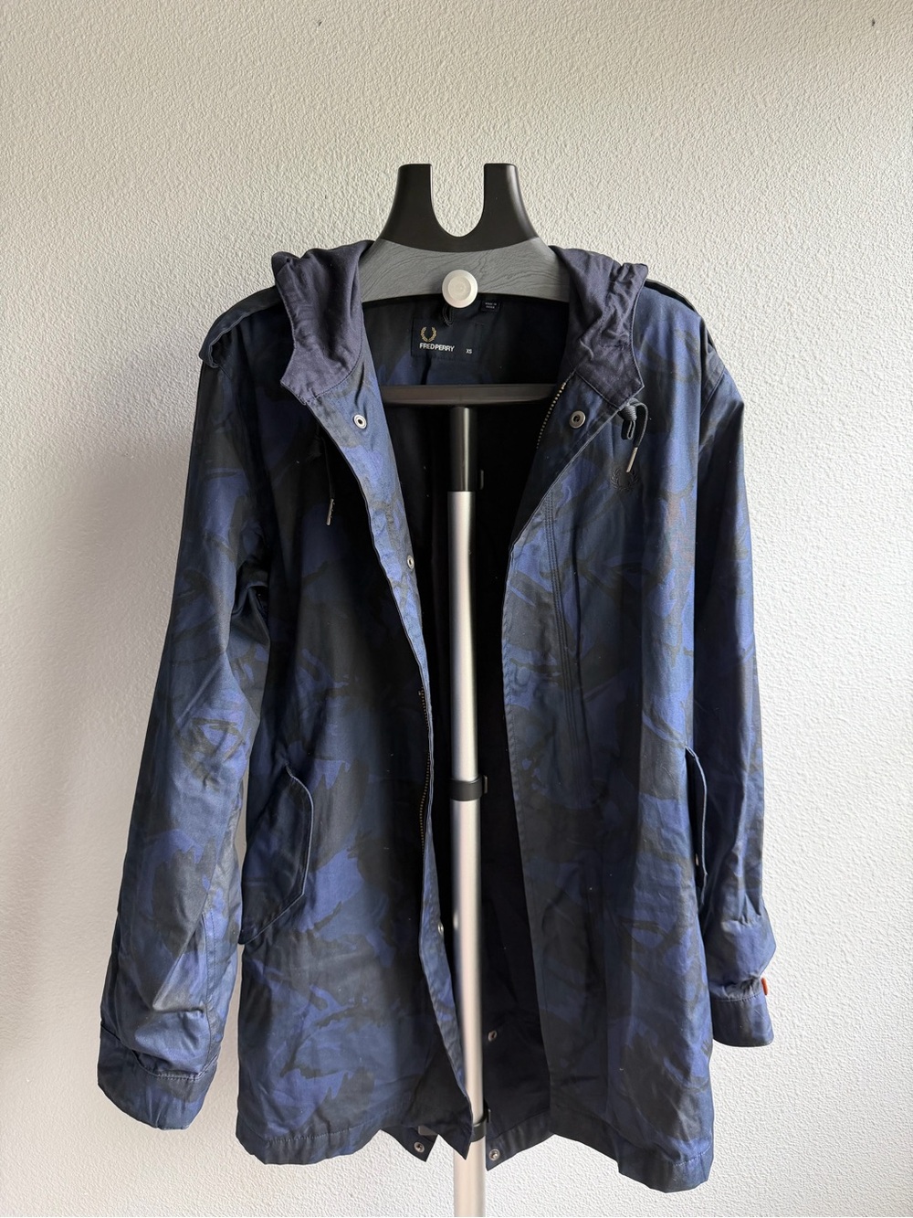Fred Perry Navy Blue Hooded Jacket with Subtle Camouflage Lining